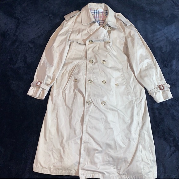 Vtg 40 L Beige Double Breasted Trench Coat Plaid Lining Made In Poland - Picture 1 of 12